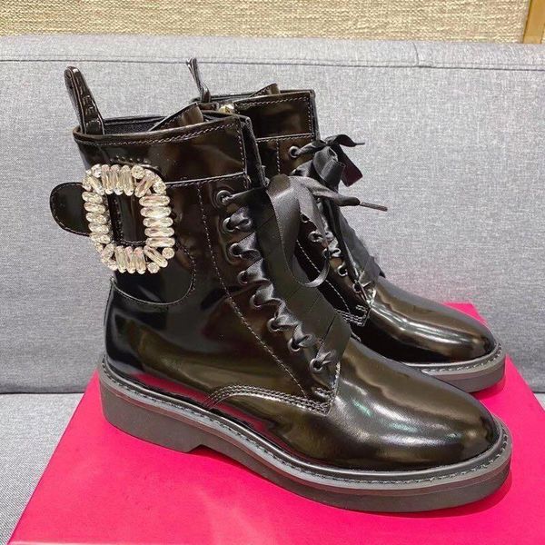 women's patent leather shoes square crystal buckle lace up designer women shoes botas mujer 2020 winter, Black
women's patent leather shoes square crystal buckle lace up designer women shoes botas mujer 2020 winter, Black