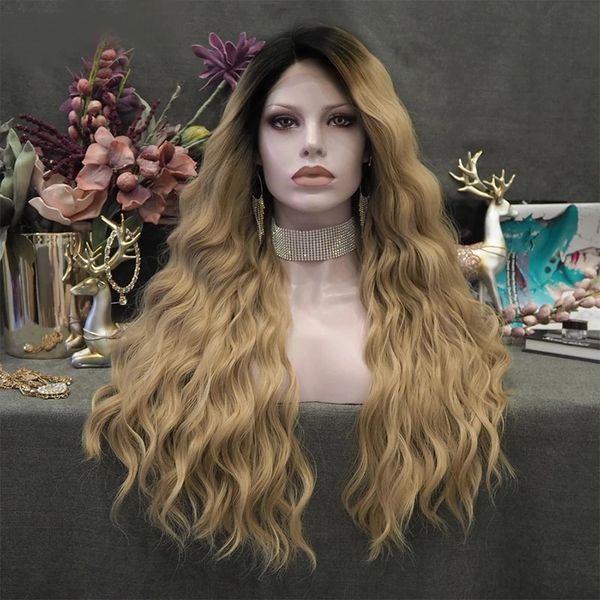 long deep wave ombre blonde wig side part synthetic lace front wig black roots wigs for women ombre blonde cosplay wigs, Black;brown
long deep wave ombre blonde wig side part synthetic lace front wig black roots wigs for women ombre blonde cosplay wigs, Black;brown