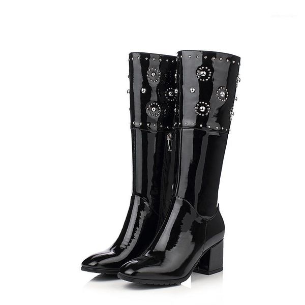 street style paint natural leather round toe knee-high boots fashion rivets black high heel thick motorcycle boots women's shoes1
street style paint natural leather round toe knee-high boots fashion rivets black high heel thick motorcycle boots women's shoes1