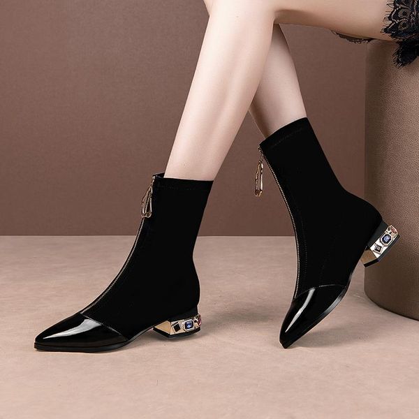patchwork leather ankle boots poined toe zippers autumn winter women wedding shoes crystal low quare heel short boots size34-43, Black
patchwork leather ankle boots poined toe zippers autumn winter women wedding shoes crystal low quare heel short boots size34-43, Black