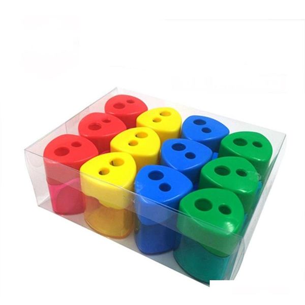 Double Hole Pencil Sharpener Triangular Shaped Pencil Sharpener With Cover And Receptacle Red Blue Yellow And Green Koew3