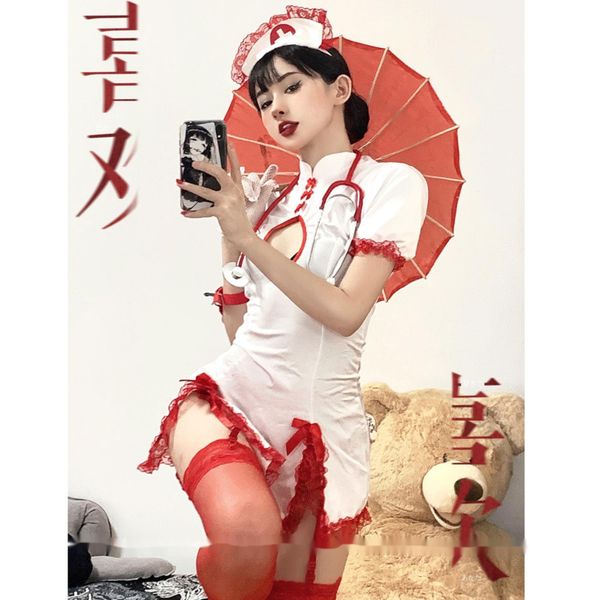 costumes cosplay pure female nurse costumes hollow out lace open chest bind ribbon and slit nurse cheongsam uniform lure, Black
costumes cosplay pure female nurse costumes hollow out lace open chest bind ribbon and slit nurse cheongsam uniform lure, Black