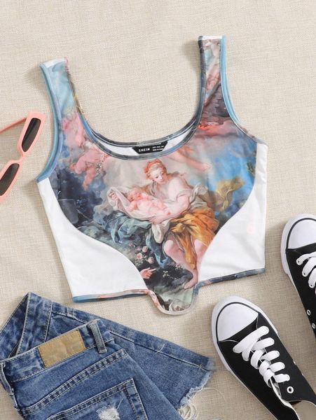 figure graphic asymmetrical hem tank i6vd#, White