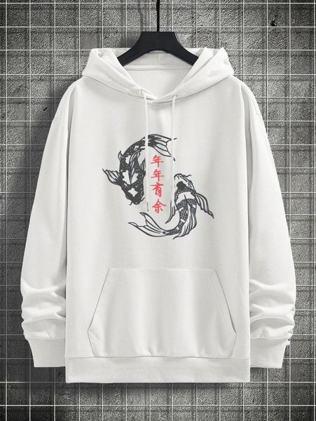 men fish & chinese letter graphic drawstring hoodie a4wv#, Black