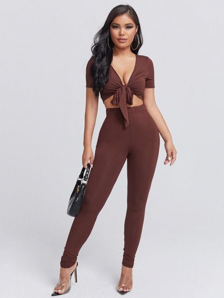 tie front crop & leggings e9s9#, White