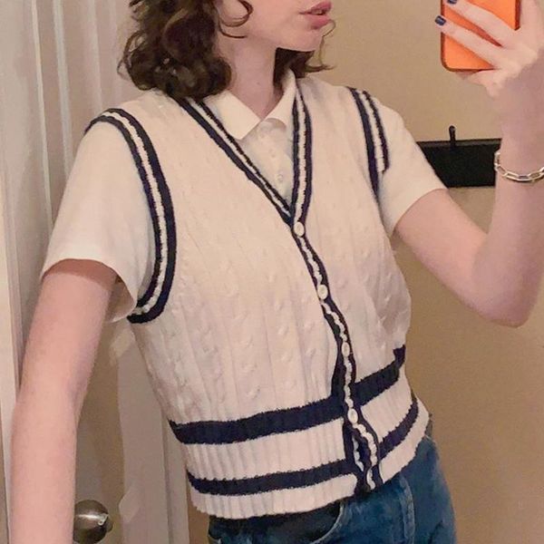women's vests women knitted striped sleeveless vest v-neck button down slim sweater, Black;white
women's vests women knitted striped sleeveless vest v-neck button down slim sweater, Black;white