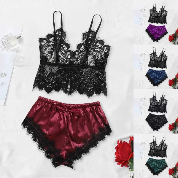 women's lace bralette & satin short 2 piece pajama set 2020 new sleeveless lingerie +nightwear shorts j60, Black;white
women's lace bralette & satin short 2 piece pajama set 2020 new sleeveless lingerie +nightwear shorts j60, Black;white
