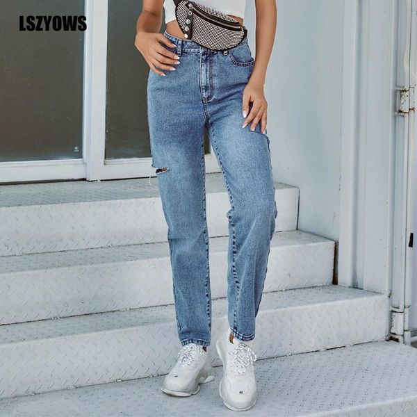 ripped jeans casual streetwear women vintage hole denim pants 2020 autumn solid high wasit ladies loose straight jeans trousers, Blue 
ripped jeans casual streetwear women vintage hole denim pants 2020 autumn solid high wasit ladies loose straight jeans trousers, Blue