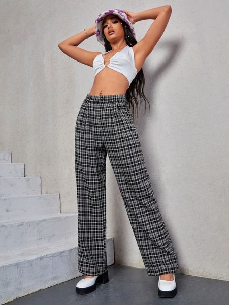 plaid print slant pockets pants r16m#, Black;white