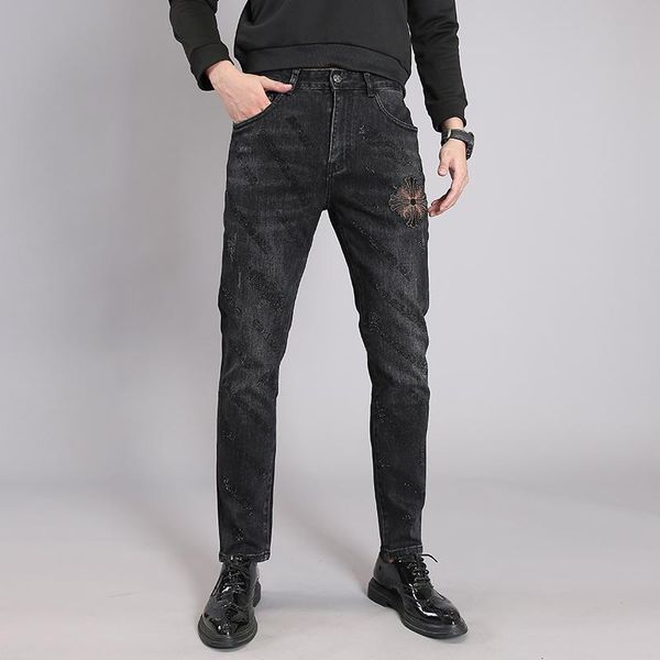 men's jeans straight casual for men 2021 spring stretch denim trousers black diamond embroidery distressed pantalon homme, Blue
men's jeans straight casual for men 2021 spring stretch denim trousers black diamond embroidery distressed pantalon homme, Blue