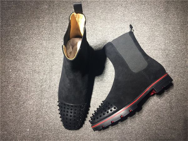 luxury fashion men boots red bottom design men ankle boots low heels leather suede with rivets melon spikes flat short knight boots, Black 
luxury fashion men boots red bottom design men ankle boots low heels leather suede with rivets melon spikes flat short knight boots, Black