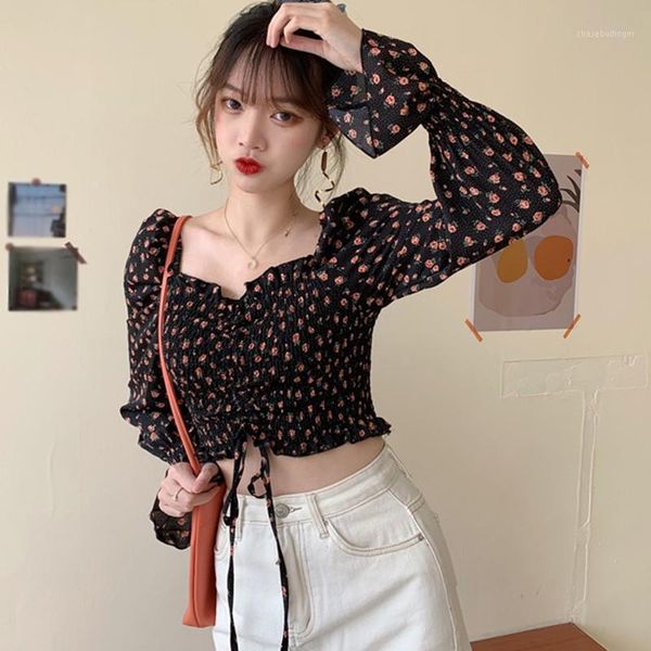women summer square collar shirts pleated floral women chiffon shirt long sleeve korean style **1, White
women summer square collar shirts pleated floral women chiffon shirt long sleeve korean style **1, White