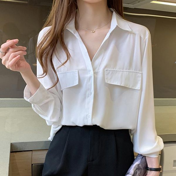autumn women fake pockets long sleeve v-neck vintage blouse elegance solid chiffon white shirt office lady korean t09817z
autumn women fake pockets long sleeve v-neck vintage blouse elegance solid chiffon white shirt office lady korean t09817z