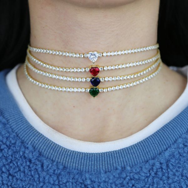 3mm cz paved tennis chain choker necklace with rainbow colorful red green blue white cz heart charm necklace for lady girl, Silver
3mm cz paved tennis chain choker necklace with rainbow colorful red green blue white cz heart charm necklace for lady girl, Silver