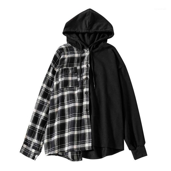 perhaps u women shirt asymmetrical plaid patchwork hooded long sleeve black white b03181
perhaps u women shirt asymmetrical plaid patchwork hooded long sleeve black white b03181