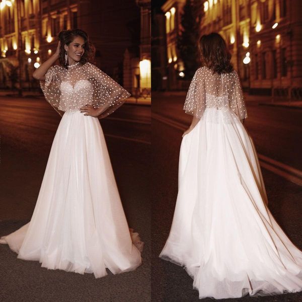 setwell strapless a-line wedding dresses sleeveless backless pleated tulle floor length beach bridal gowns with cape, White
setwell strapless a-line wedding dresses sleeveless backless pleated tulle floor length beach bridal gowns with cape, White