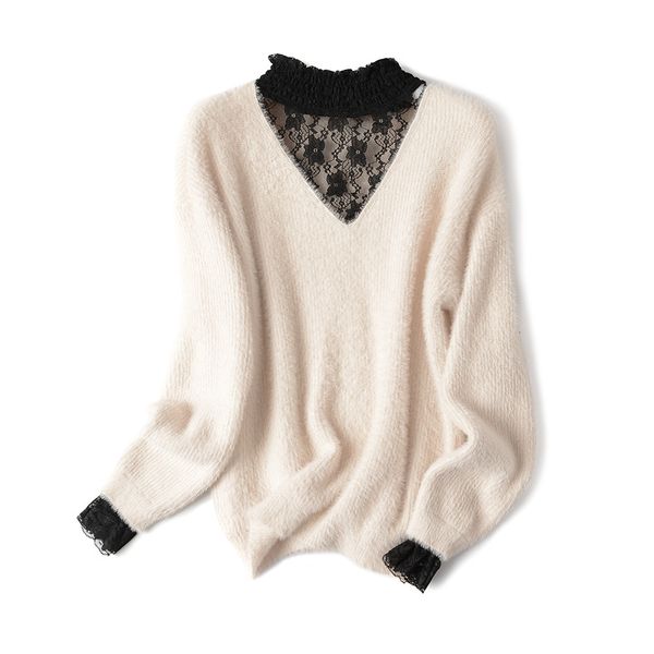 2021 new women pullovers and sweaters lace stiching knitted womens white sweater faulse mink fur soft female jumper pull femme fu42, White;black
2021 new women pullovers and sweaters lace stiching knitted womens white sweater faulse mink fur soft female jumper pull femme fu42, White;black