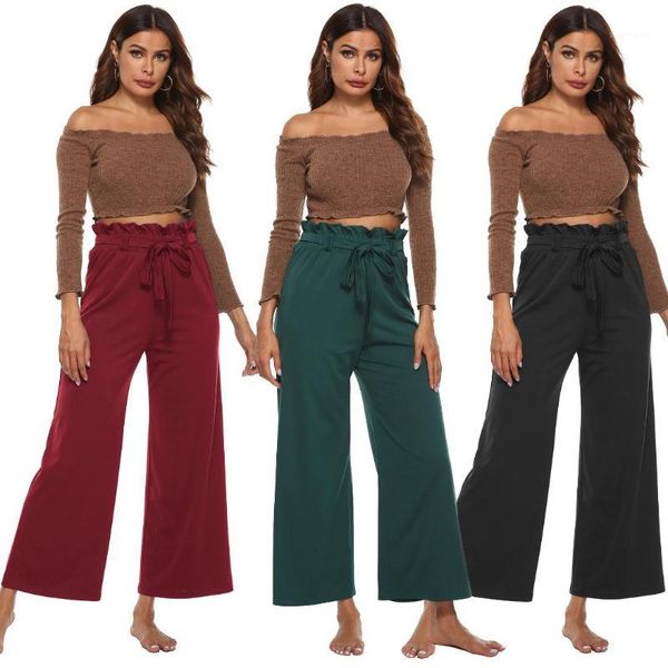 solid color high waist ladies pants frilled with waist belt bow casual loose pants capri 1909001, Black;white
solid color high waist ladies pants frilled with waist belt bow casual loose pants capri 1909001, Black;white