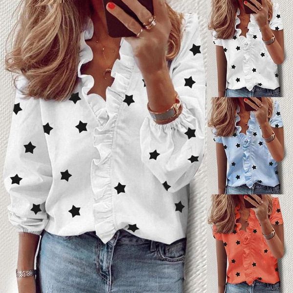 office lady v neck short sleeve stars print ruffled edge casual blouse #qf2x, White
office lady v neck short sleeve stars print ruffled edge casual blouse #qf2x, White