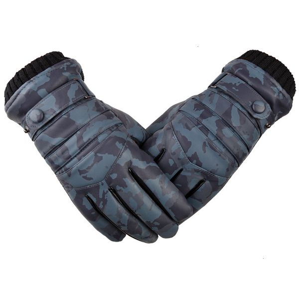 winter men's cycling outdoor touch screen camouflage pu warm gloves, Blue;gray