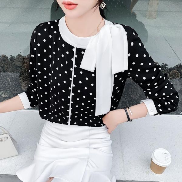 shirt women's blouse blusas mujer de moda 2020 new korean-style bow neck chiffon printed dot long-sleeved women shirts 210j, White 
shirt women's blouse blusas mujer de moda 2020 new korean-style bow neck chiffon printed dot long-sleeved women shirts 210j, White