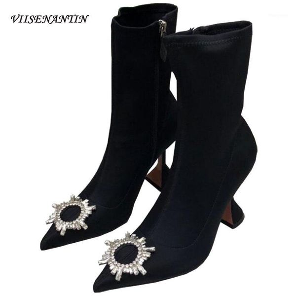 crystal pointed toe super high strange style satin solid ankle boots for women1, Black
crystal pointed toe super high strange style satin solid ankle boots for women1, Black