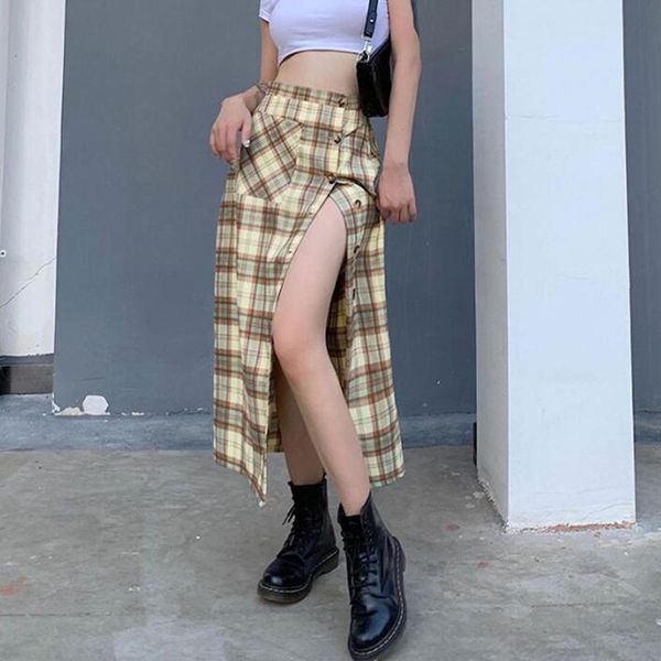 women high waist plaid button up side split midi skirt summer 2021 goth straight skirts female casual saia streetwear, Black
women high waist plaid button up side split midi skirt summer 2021 goth straight skirts female casual saia streetwear, Black