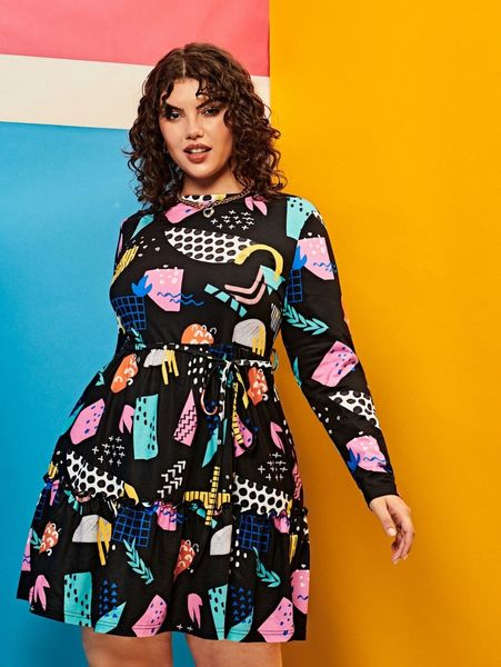 plus graphic print self belted dress s3bm#, Black