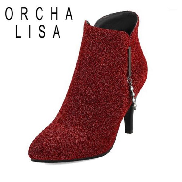 orcha lisa woman winter ankle boots pointed toe 9cm thin high heels zipper rhinestone big size 32-43 red casual wedding c17911, Black