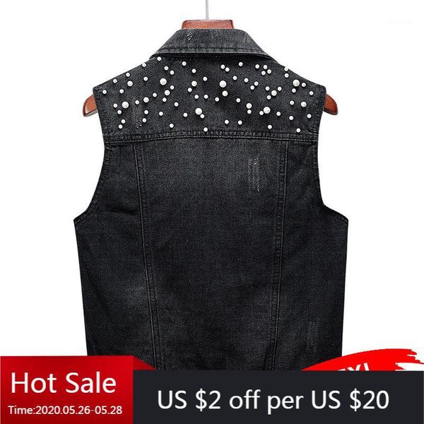plus size women pearl beading sleeveless black denim vest waistcoat 5xl summer korean slim jeans coat female short denim jackets1, Black;white 
plus size women pearl beading sleeveless black denim vest waistcoat 5xl summer korean slim jeans coat female short denim jackets1, Black;white