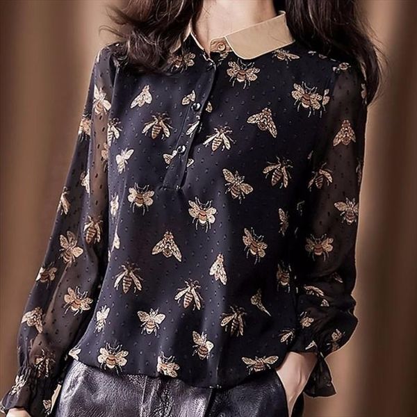 bee printed long sleeved chiffon shirt female petal sleeve button loose large size was thin bottoming pullover blouses women, White
bee printed long sleeved chiffon shirt female petal sleeve button loose large size was thin bottoming pullover blouses women, White