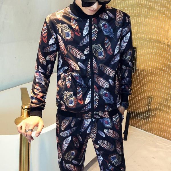 running sets autumn feather printed jacket+pants 2pcs set tracksuit men 2021 fashion korean style casual slim fit sportswear set1, Black;blue
running sets autumn feather printed jacket+pants 2pcs set tracksuit men 2021 fashion korean style casual slim fit sportswear set1, Black;blue
