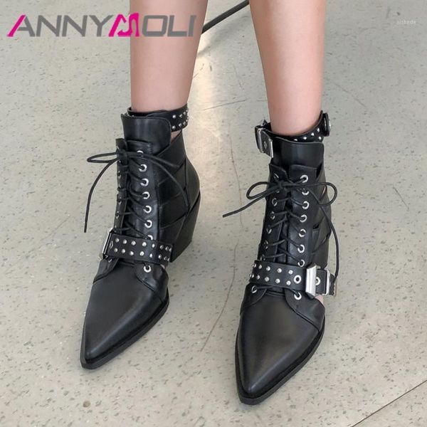 boots annymoli rivet real leather high heel cutouts short women shoes pointed toe thick heels buckle lace up ankle autumn1, Black
boots annymoli rivet real leather high heel cutouts short women shoes pointed toe thick heels buckle lace up ankle autumn1, Black