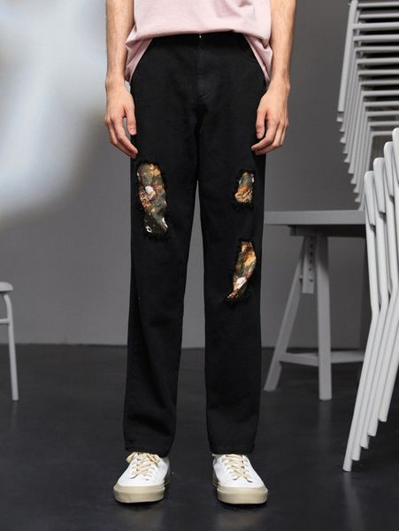 x alienated men ripped frayed patched straight leg pants u9k0#, Black