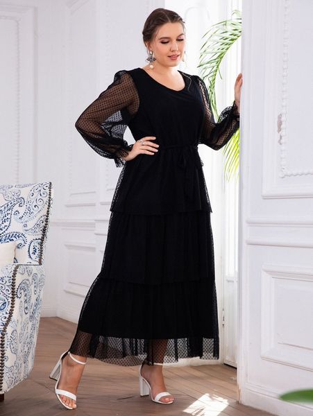plus flounce sleeve layered ruffle hem belted dobby mesh dress k79r#, Black 
plus flounce sleeve layered ruffle hem belted dobby mesh dress k79r#, Black