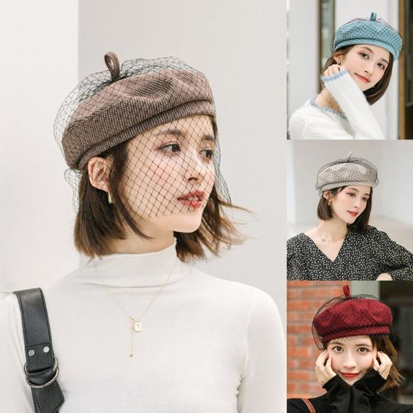 women ladies vintage elegant solid color beret cap with netting mesh veil winter retro british french painter beanie hat, Blue;gray
women ladies vintage elegant solid color beret cap with netting mesh veil winter retro british french painter beanie hat, Blue;gray