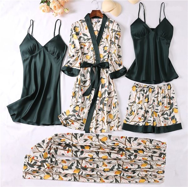 Women Robe Sets Sexy 5PCS Sleepwear Satin Silky Nightwear Kimono Bathrobe Gown Print Flower Intimate Lingerie Loungewear, 5pcs green
Women Robe Sets Sexy 5PCS Sleepwear Satin Silky Nightwear Kimono Bathrobe Gown Print Flower Intimate Lingerie Loungewear, 5pcs green