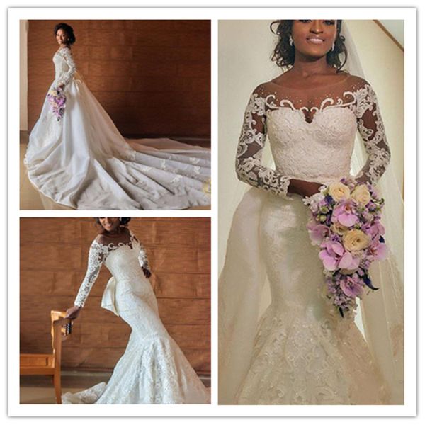 2021 new arabic mermaid wedding dresses jewel neck illusion lace appliques beaded long sleeves overskirts bow plus size formal bridal gowns, White
2021 new arabic mermaid wedding dresses jewel neck illusion lace appliques beaded long sleeves overskirts bow plus size formal bridal gowns, White