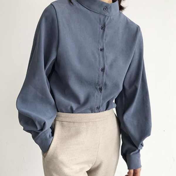 autumn blouse solid color retro shirt fashion lantern sleeve single breasted street stand up collar, White
autumn blouse solid color retro shirt fashion lantern sleeve single breasted street stand up collar, White