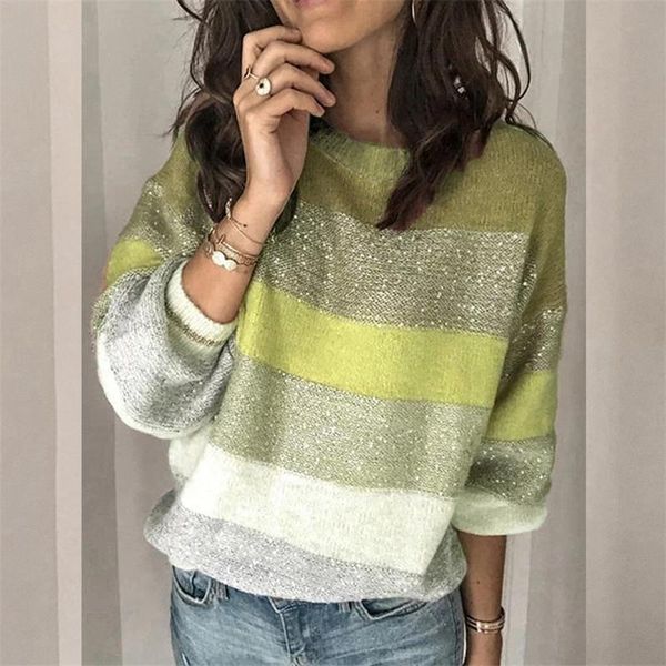 women's sweaters autumn outwear multicolor wide-stripes thread o-neck long-sleeves loose pullover sweater for women, White;black
women's sweaters autumn outwear multicolor wide-stripes thread o-neck long-sleeves loose pullover sweater for women, White;black