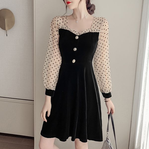 2020 autumn new women's fashion korean style polka dot mesh stitching gold velvet dress long sleeve dress ec0jw, Black;gray
2020 autumn new women's fashion korean style polka dot mesh stitching gold velvet dress long sleeve dress ec0jw, Black;gray
