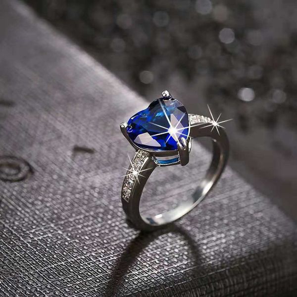 designer unique fashion blue heart ring gold plated zircon engagement/weddding rings fine jewelry, Silver