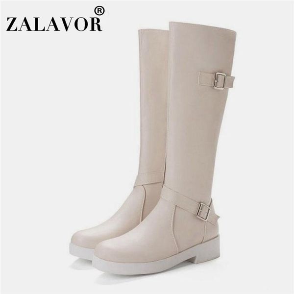 boots zalavor 2021 simple winter woman knee high zipper buckle fashion flats straight stylish motorcycle size 33-43, Black