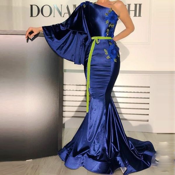 navy blue prom dresses mermaid one shoulder appliques flowers ribbon satin evening gowns for women robe de soiree party dress, Black
navy blue prom dresses mermaid one shoulder appliques flowers ribbon satin evening gowns for women robe de soiree party dress, Black