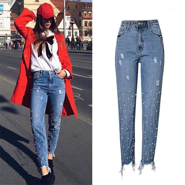 high-waisted women ripped jeans denim loose straight leg distressed jeans pearl 3-color stud irregular foot tassel retro fashion1, Blue
high-waisted women ripped jeans denim loose straight leg distressed jeans pearl 3-color stud irregular foot tassel retro fashion1, Blue
