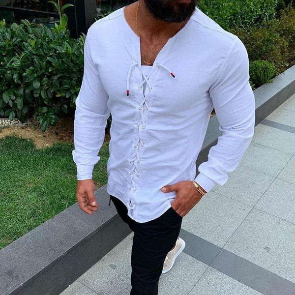 men fashion long sleeve v-neck retro shirts 2020 new men solid color lace up slim fit casual shirts, White;black
men fashion long sleeve v-neck retro shirts 2020 new men solid color lace up slim fit casual shirts, White;black