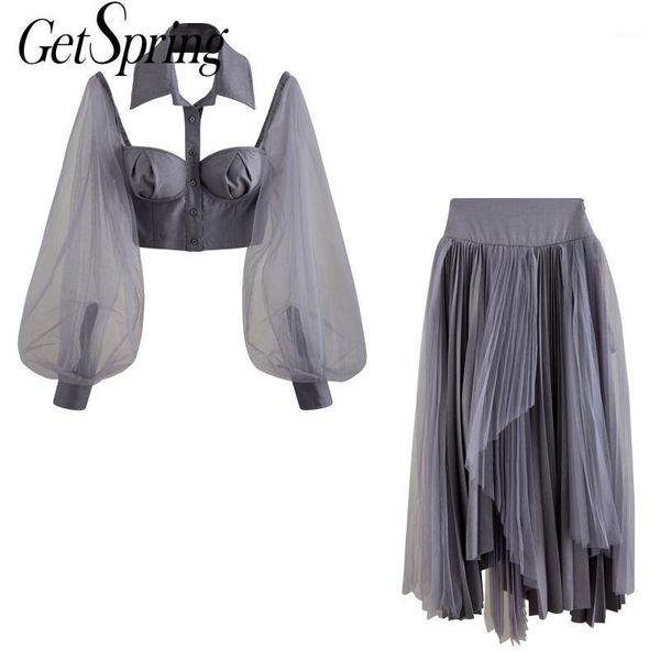 getspring women set hollow out mesh spliced puff sleeve women shirt irregular pleated skirt 2 piece set fashion skirt sets1, Gray
getspring women set hollow out mesh spliced puff sleeve women shirt irregular pleated skirt 2 piece set fashion skirt sets1, Gray