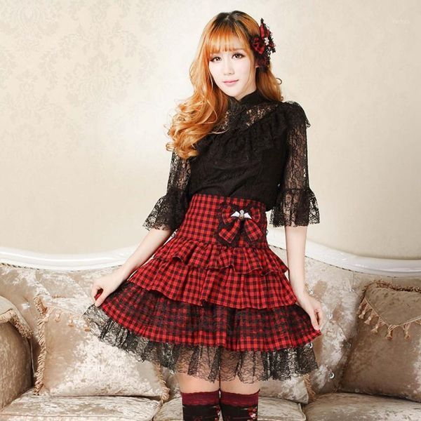 sweet college style punk plaid black and red layered skirt