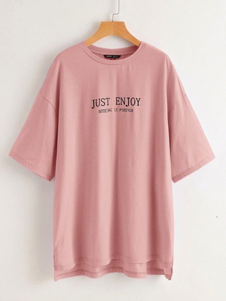 drop shoulder split side dip hem slogan graphic t6hx#, White