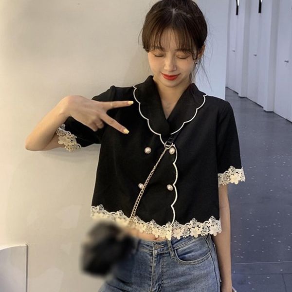 women summer black short sleeves blouse elegant double-breasted doll collar shirt with hollow out lace trim, White
women summer black short sleeves blouse elegant double-breasted doll collar shirt with hollow out lace trim, White